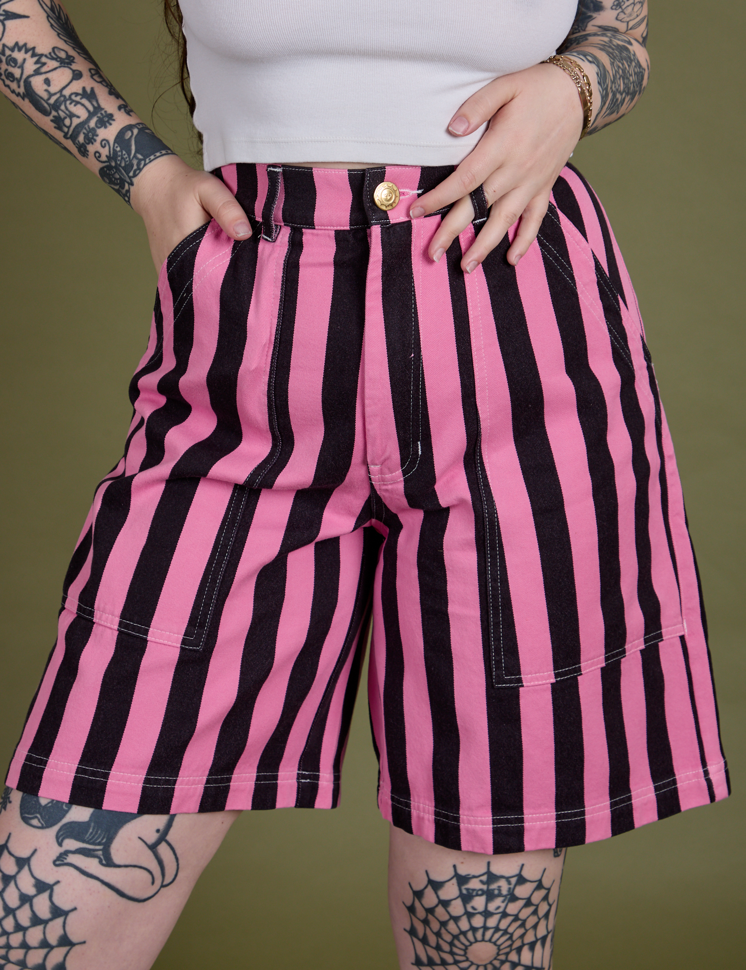 Close up of Longline Work Shorts in Bubblegum Pink on Sydney