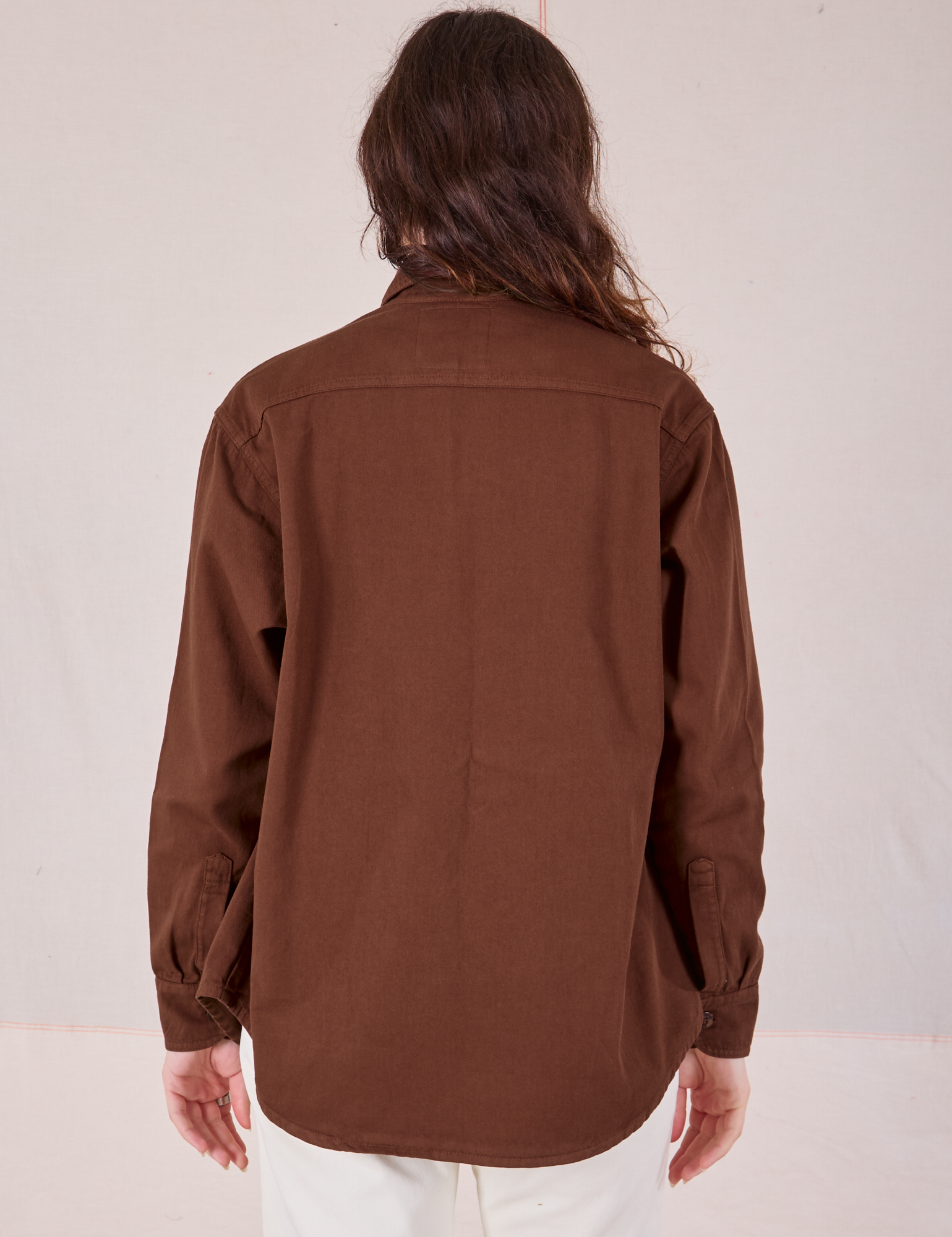 Twill Overshirt in Fudgesicle Brown back view on Alex