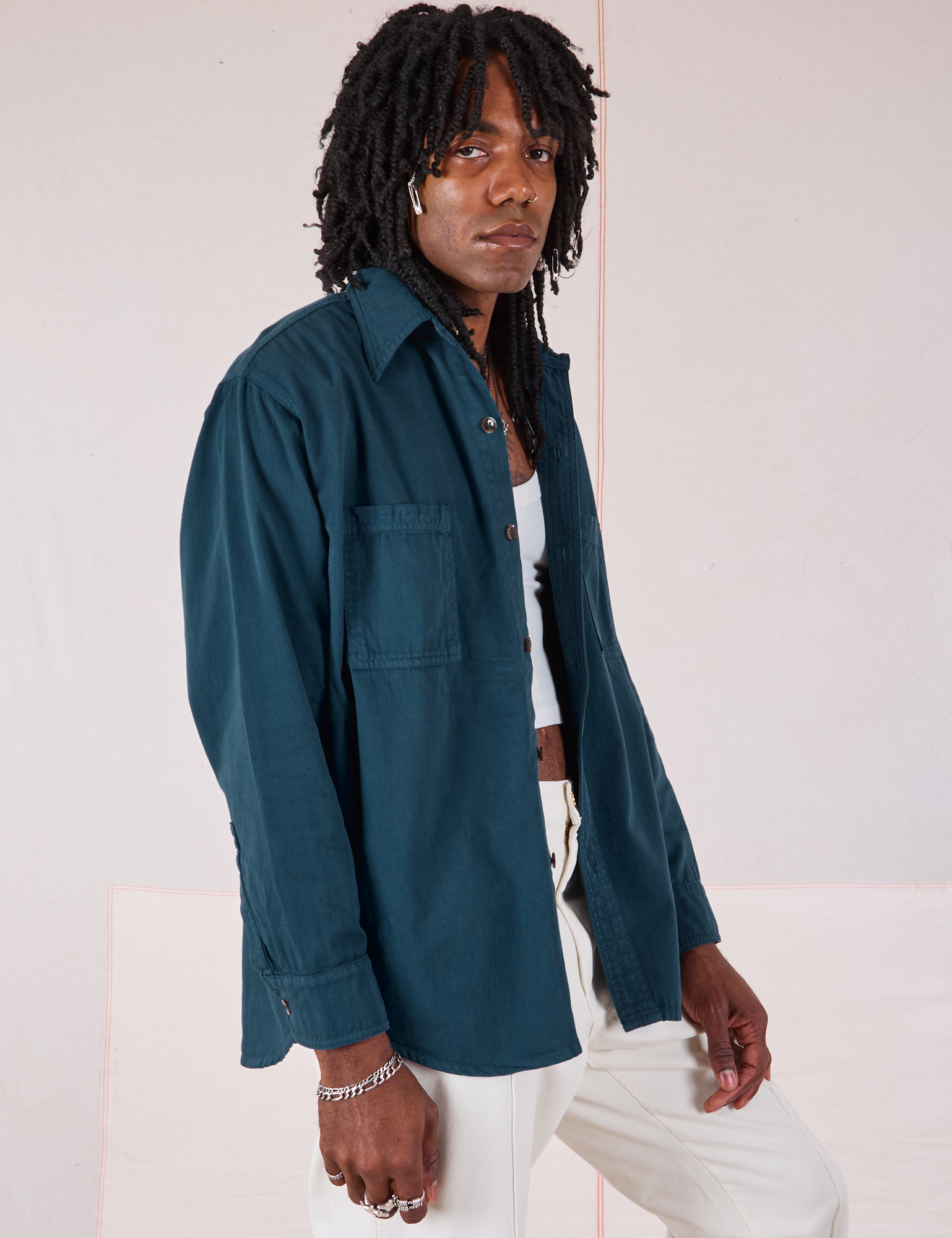 Twill Overshirt in Lagoon side view on Jerrod