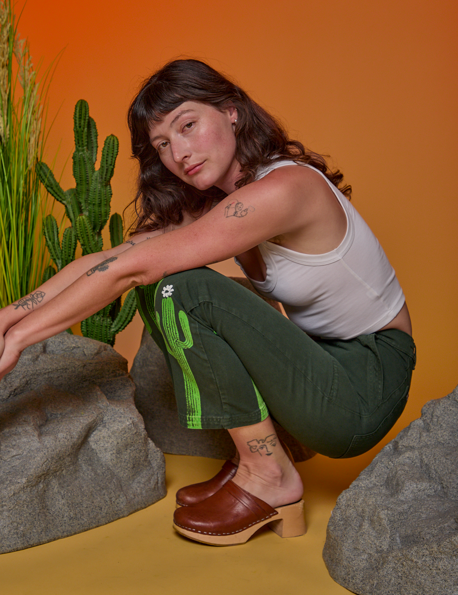 Paintstamped Work Pants in Cactus on Alex