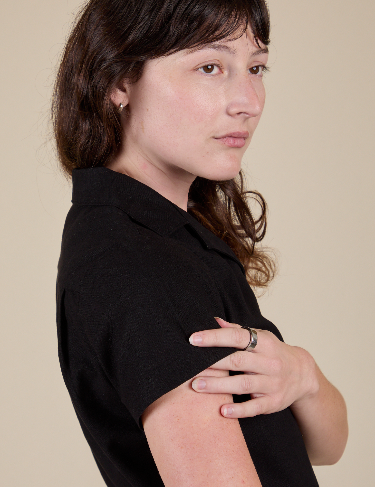 Side sleeve close up of Pantry Button-Up in Basic Black on Alex