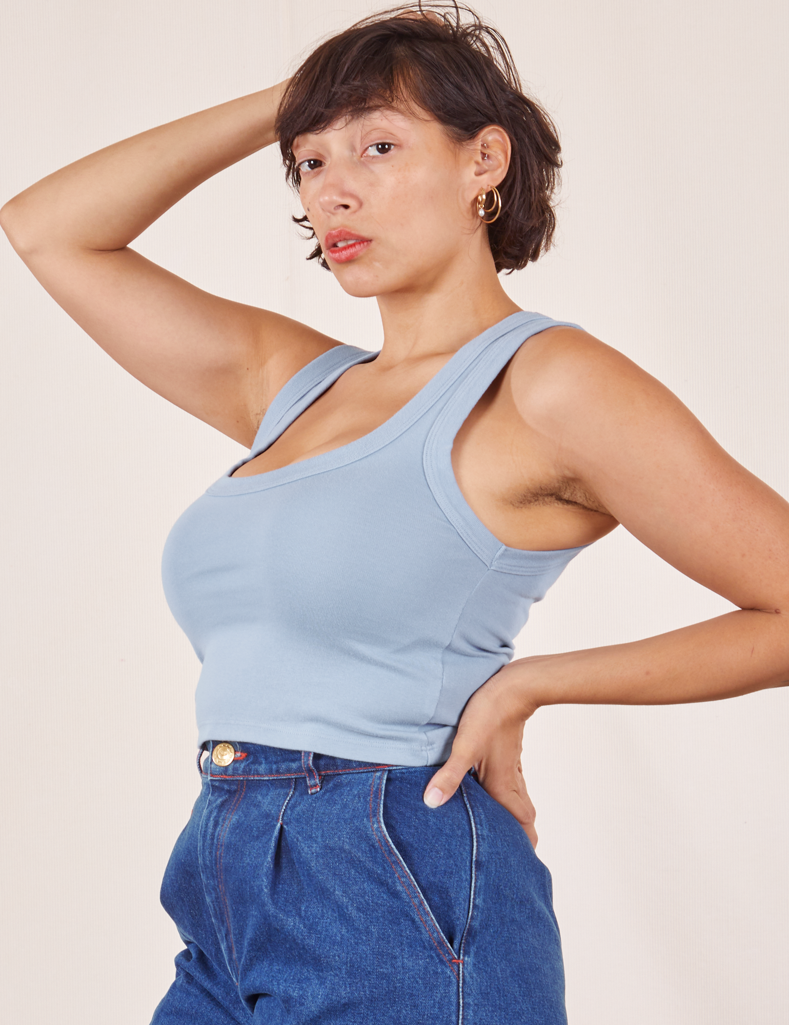 Angled front view of Cropped Tank Top in Periwinkle on Tiara