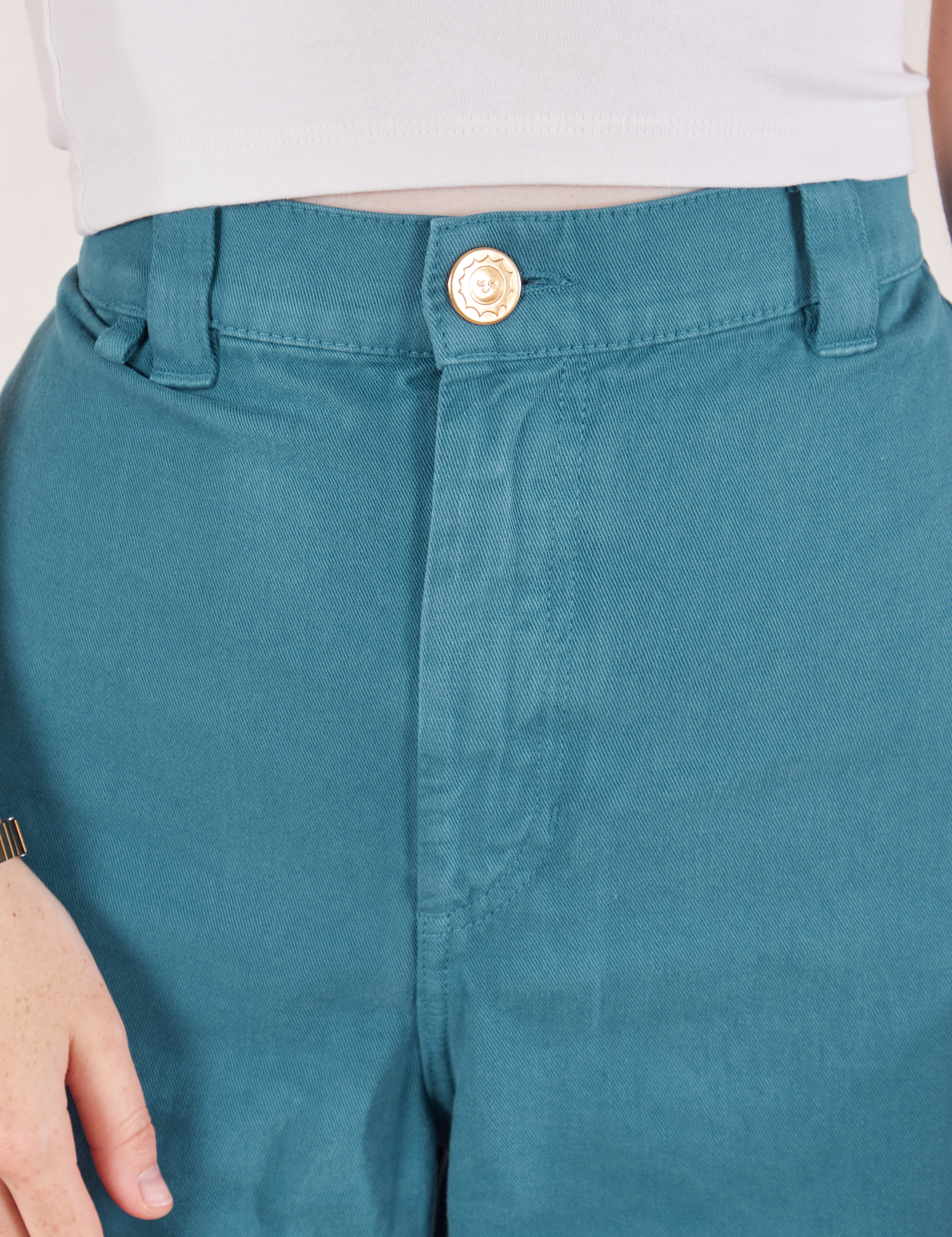 Petite Bell Bottoms in Marine Blue front close up on Hana