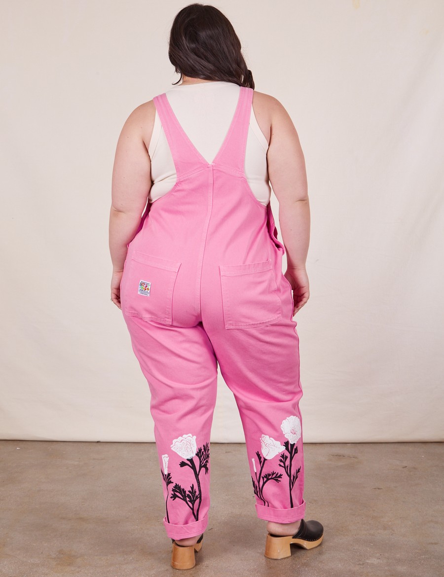 Back view of California Poppy Overalls in Bubblegum Pink and vintage off-white Tank Top worn by Ashley