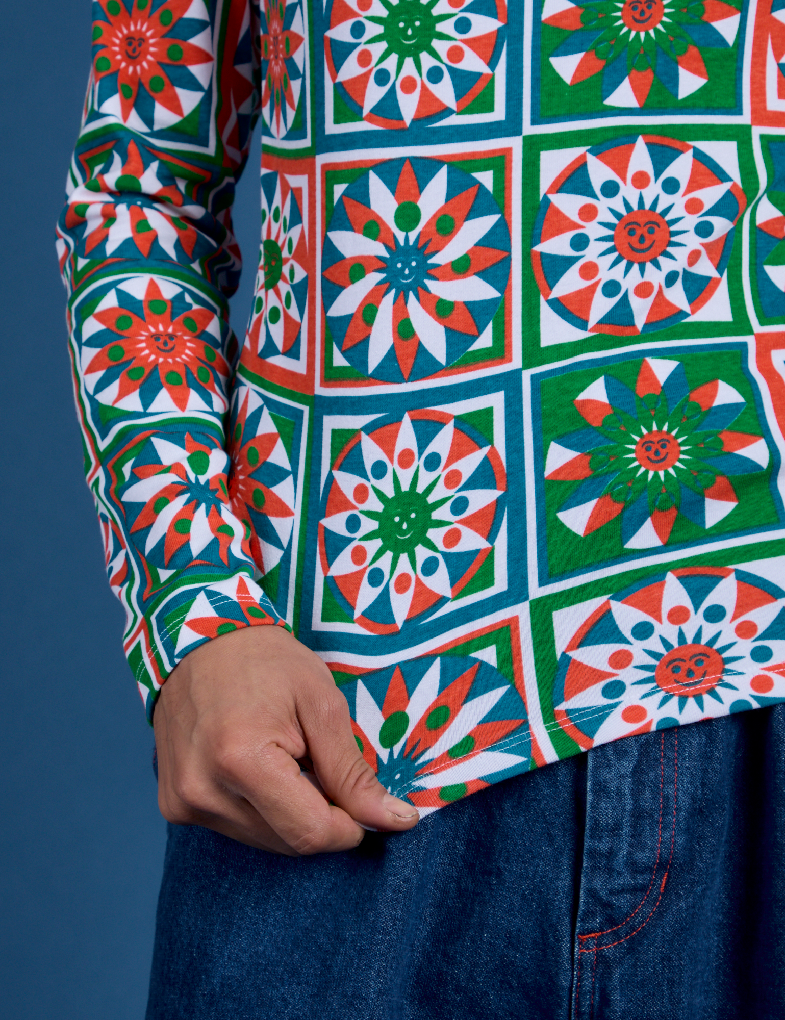 Long Sleeve Baby Tee in Quilt Print bottom close up on Anthony