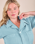 Short Sleeve Jumpsuit in Baby Blue front close up on Lish