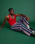 Work Pants in Pacific Stripe and mustang red Cropped Tank on Isaac
