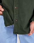 Bottom close up of Flannel Overshirt in Swamp Green on Jesse