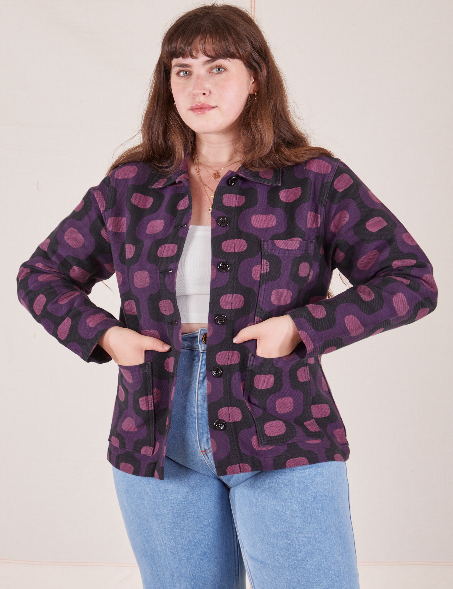Sydney is 5&#39;9&quot; and wearing XS  Purple Tile Jacquard Work Jacket