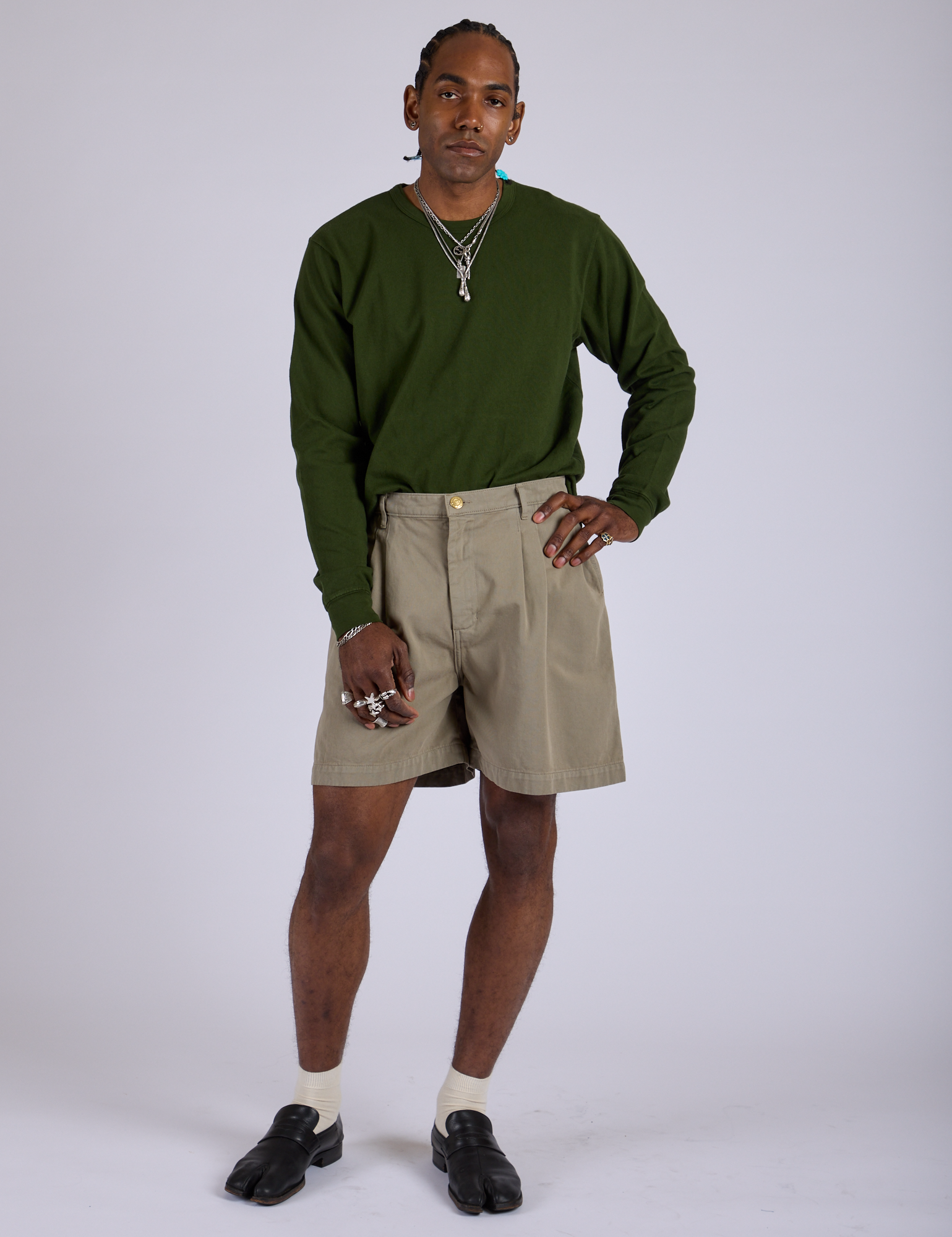Pleated Trouser Shorts in Khaki Grey and evergreen Long Sleeve Burly Tee on Jerrod