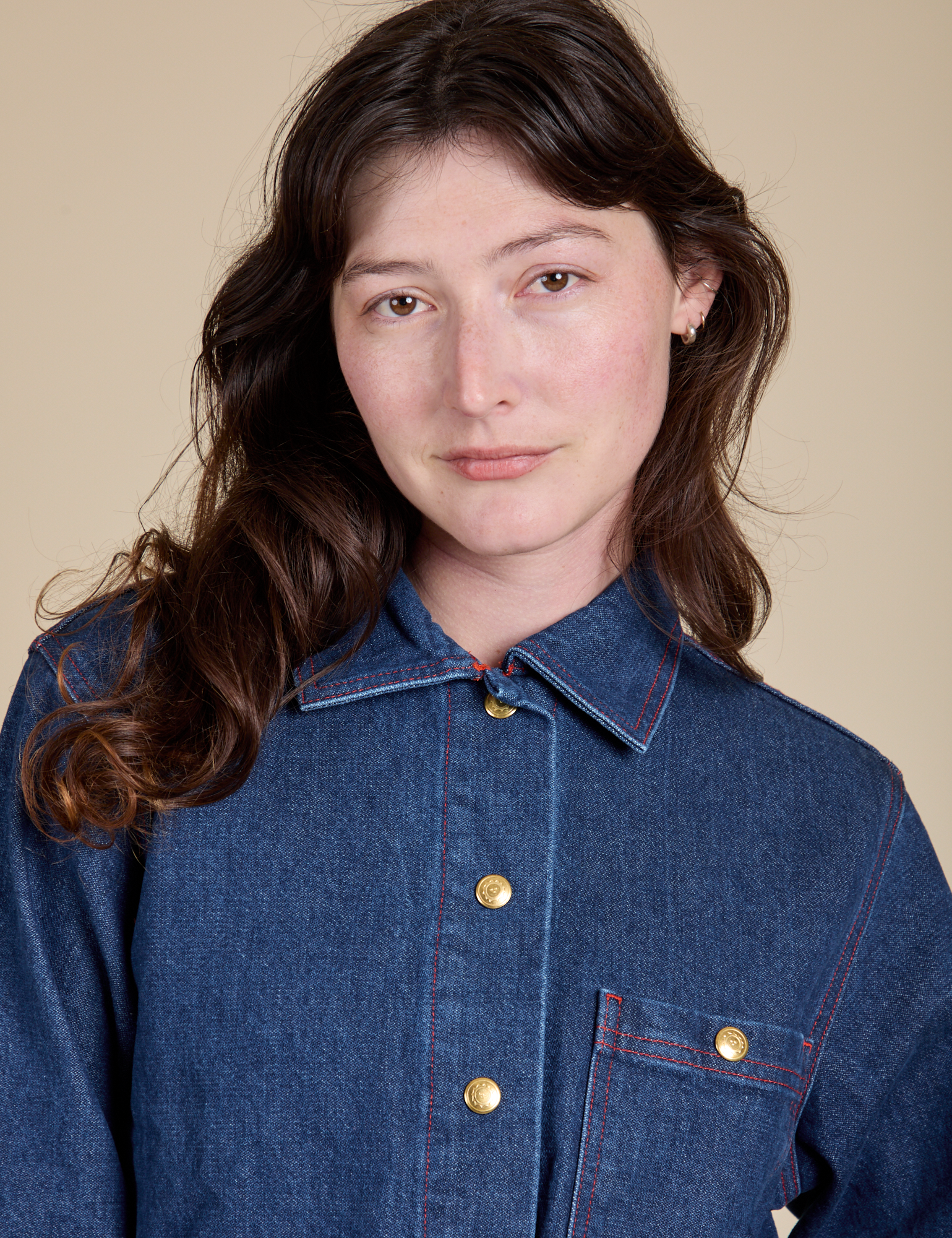 Indigo Denim Work Jacket in Dark Wash close up on Alex