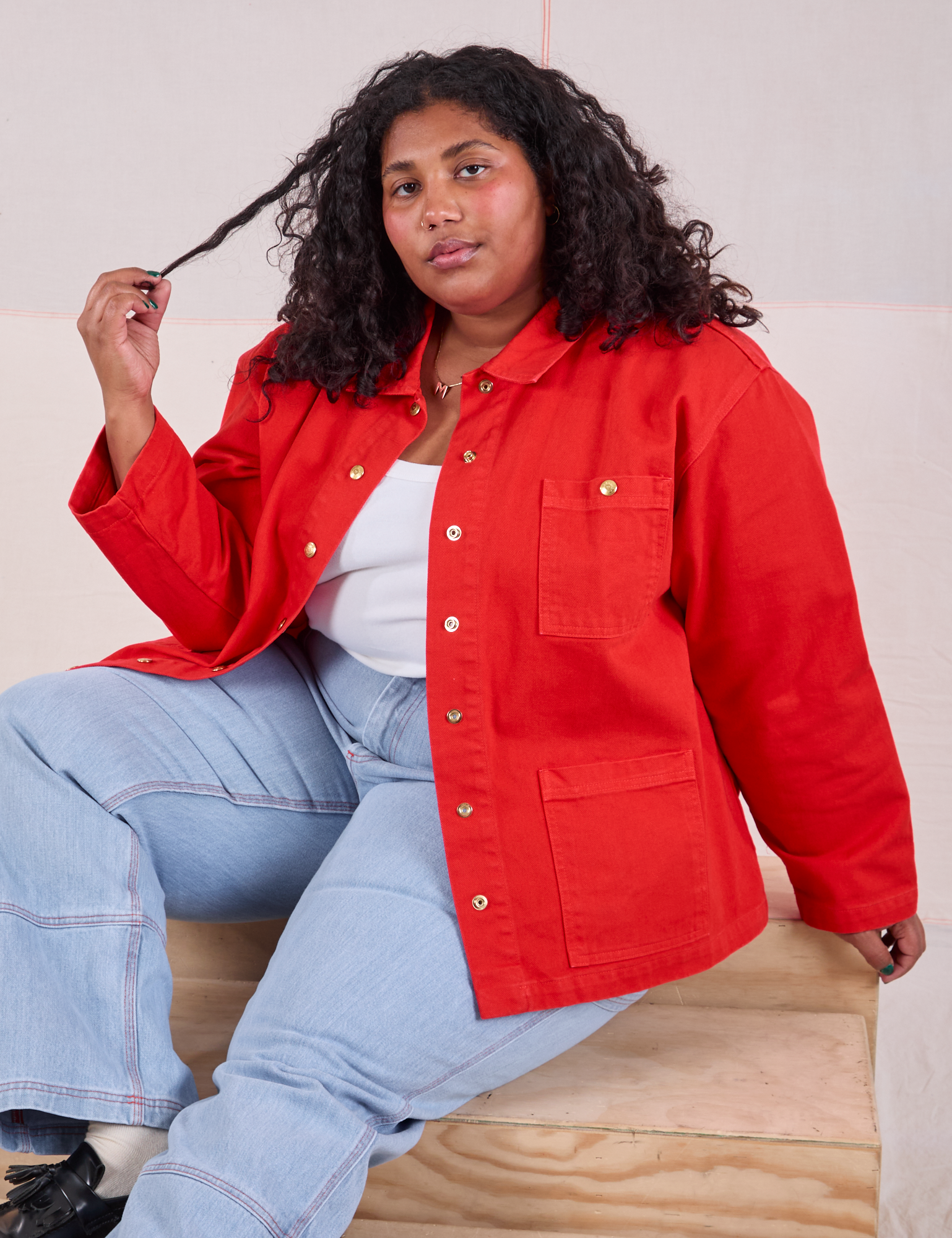 Denim Work Jacket in Mustang Red worn by Morgan