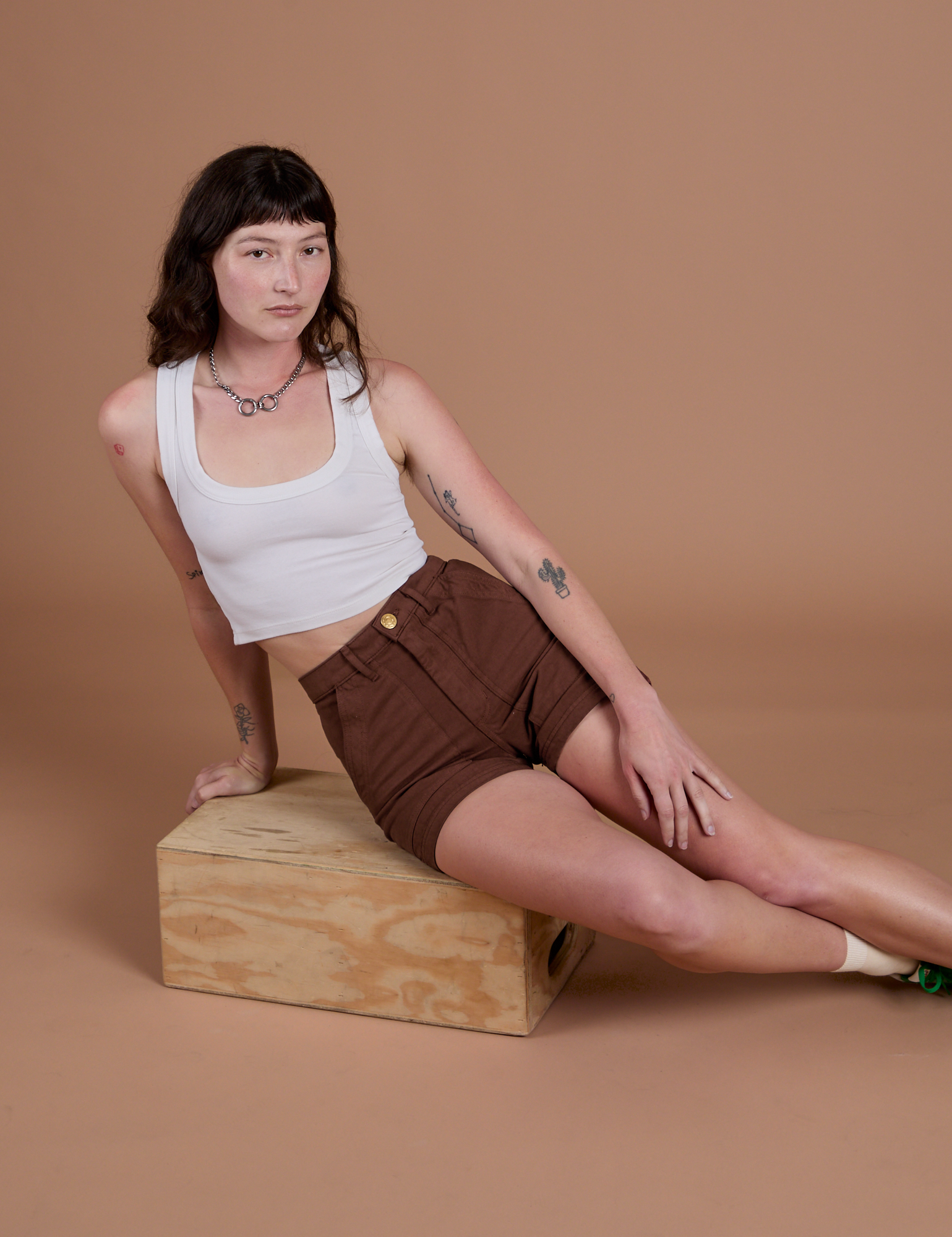Classic Work Shorts in Fudgesicle Brown and Cropped Tank in Vintage Tee White on Alex