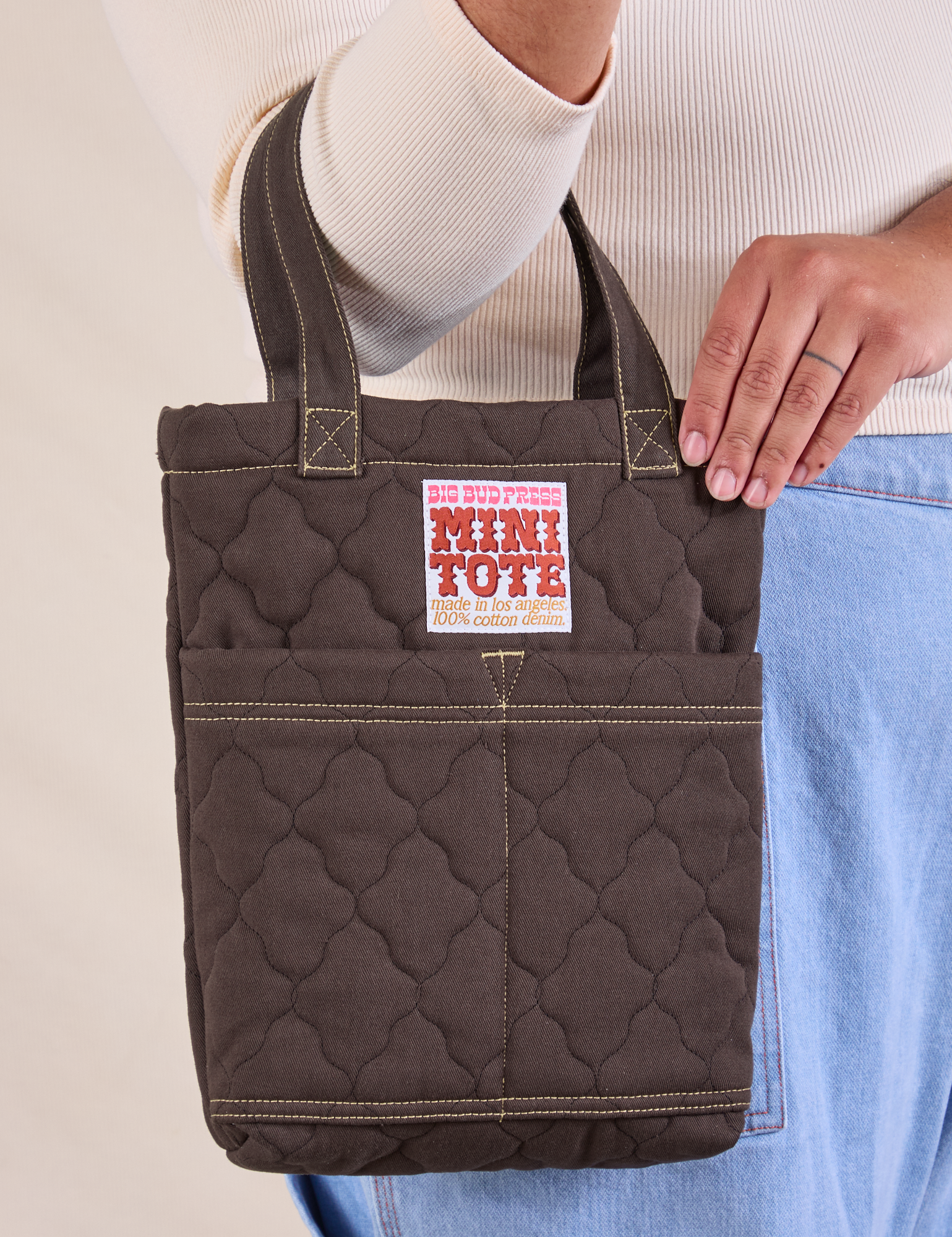 Quilted Mini Tote in Espresso Brown on model&#39;s arm