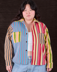 Ashley is 5'7" and wearing L Cropped Overshirt in Mixed Stripe