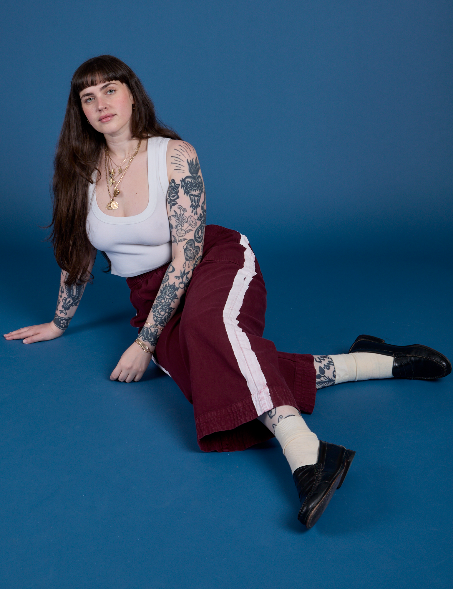 Painted Action Pants in Red Wine and vintage tee white Cropped Tank on Sydney