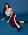 Painted Action Pants in Red Wine and vintage tee white Cropped Tank on Sydney