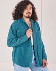 Angled front view of Corduroy Overshirt in Marine Blue on Jesse