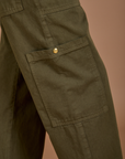 Drop Pocket Cargo Pants in Surplus Green close up of side pant leg pocket