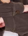 Sleeve cuff close up of Flannel Overshirt in Espresso Brown on Marielena
