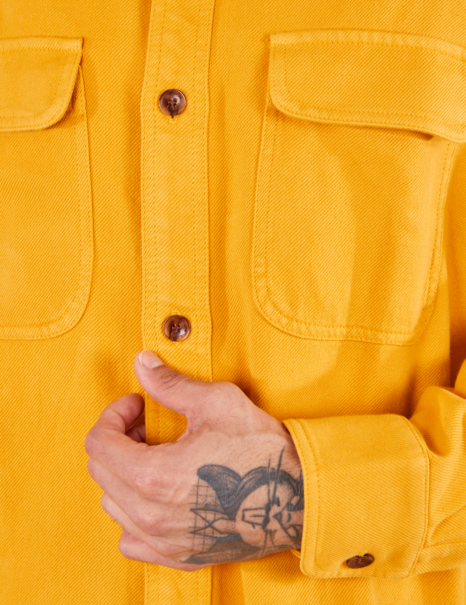 Flannel Overshirt in Mustard Yellow close up button placket