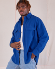 Flannel Overshirt in Royal Blue angled front view on Isaac