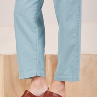 Side view close up of Heavyweight Trousers in Baby Blue on Alex