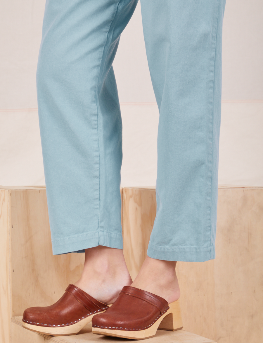 Side view close up of Heavyweight Trousers in Baby Blue on Alex