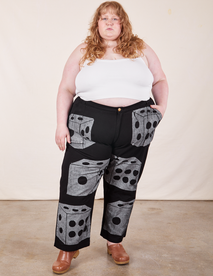 Catie is 5'11" and wearing 5XL Icon Work Pants in Dice paired with vintage off-white Cropped Cami