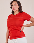 JV Tee in Mustang Red angled front view on Tiara