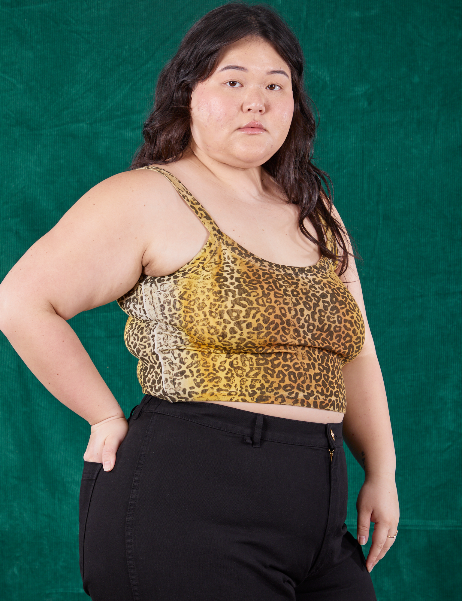 Angled front view of Leopard Cami on Ashley