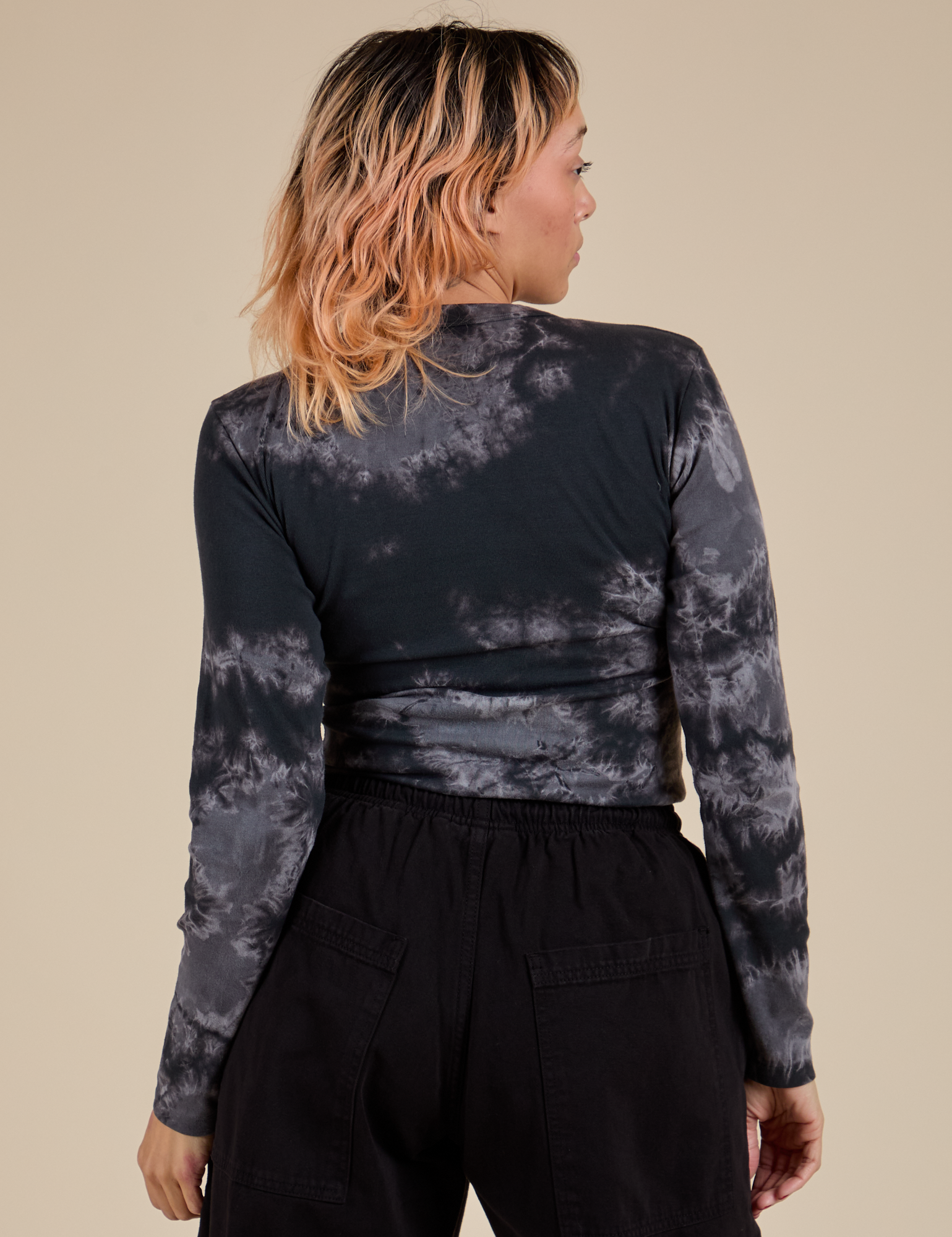 Long Sleeve Baby Tee in Black Magic Waters back view on Tiara