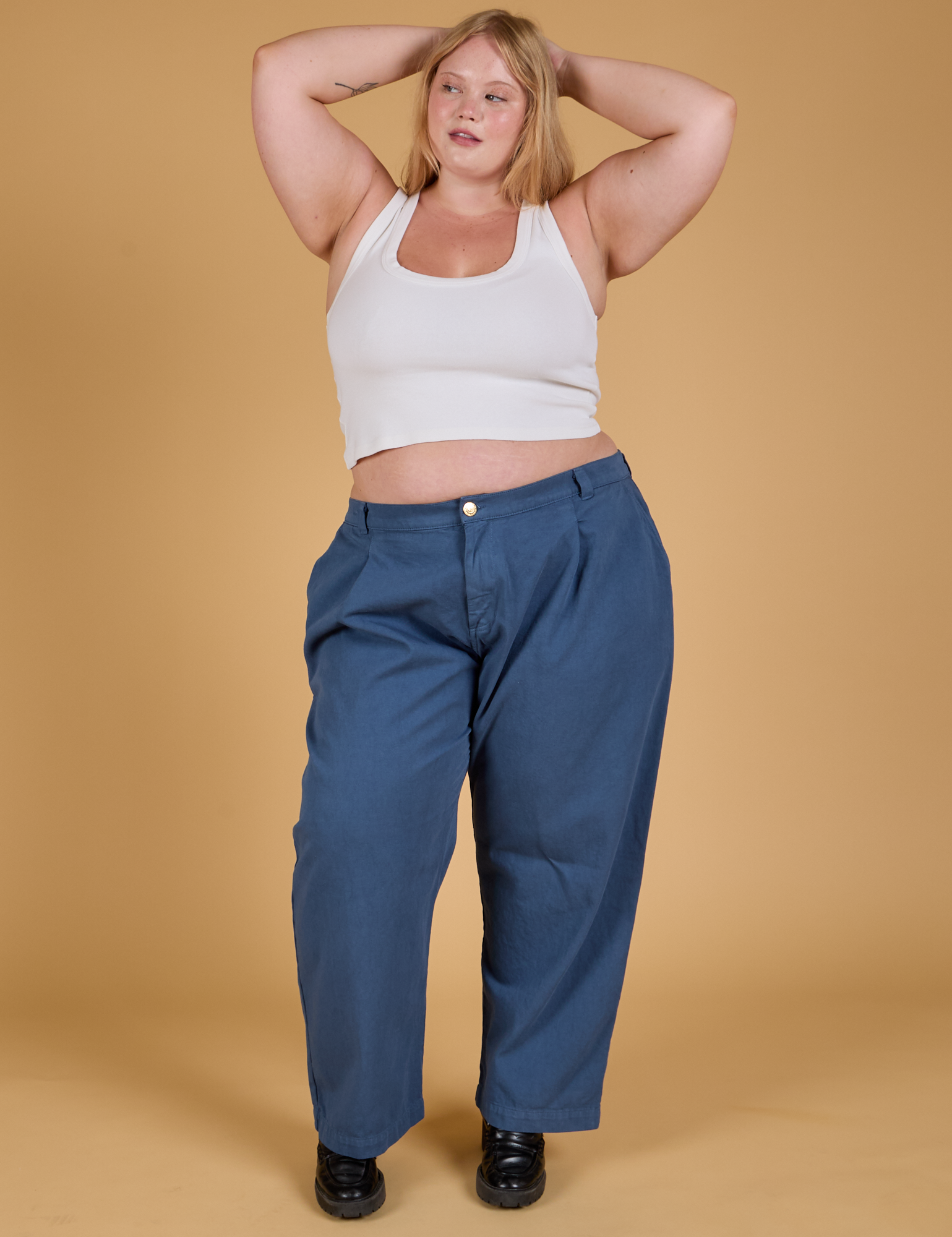Baggy Mid-Rise Trousers in French Blue and vintage tee white Cropped Tank on Juliet