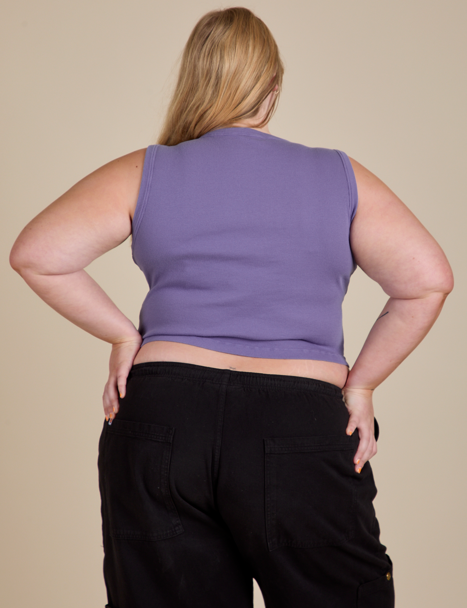 Muscle Tee in Faded Grape back view on Juliet
