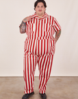 Sam is 5'10" and wearing 3XL Cherry Stripe Jumpsuit