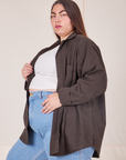 Side view of Oversize Overshirt in Espresso Brown worn by Marielena