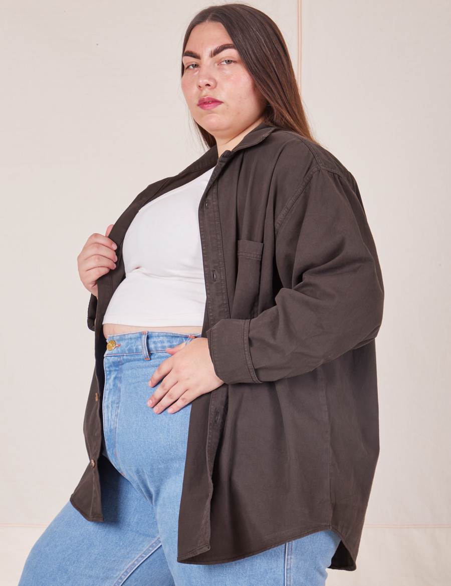 Side view of Oversize Overshirt in Espresso Brown worn by Marielena