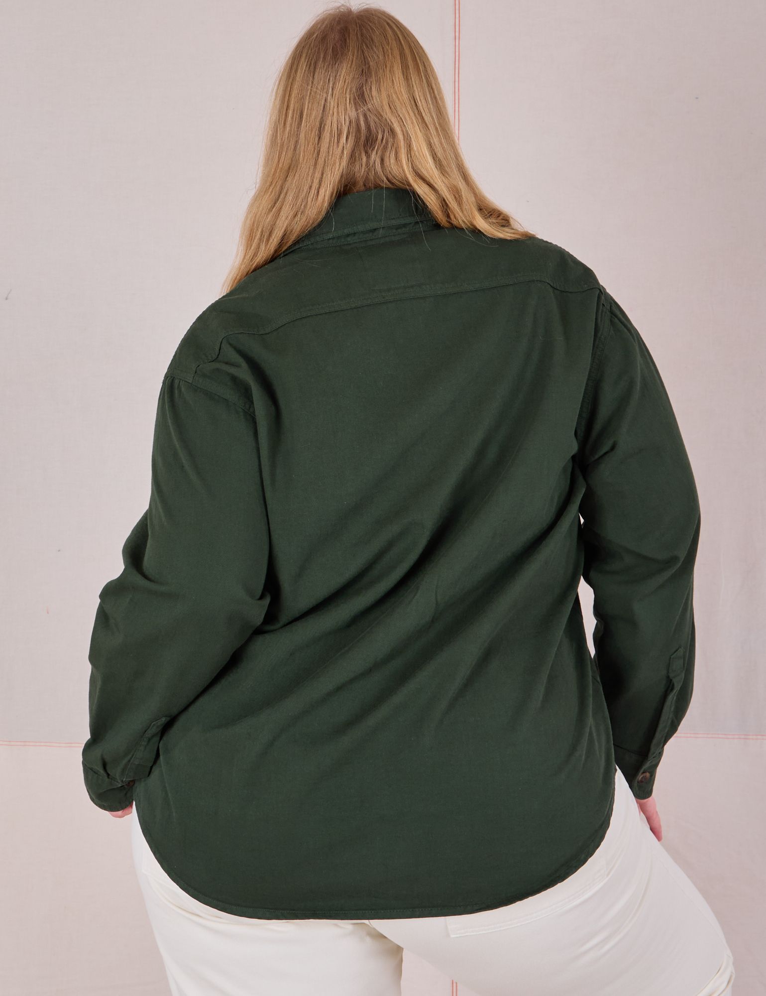 Twill Overshirt in Swamp Green back view on Juliet