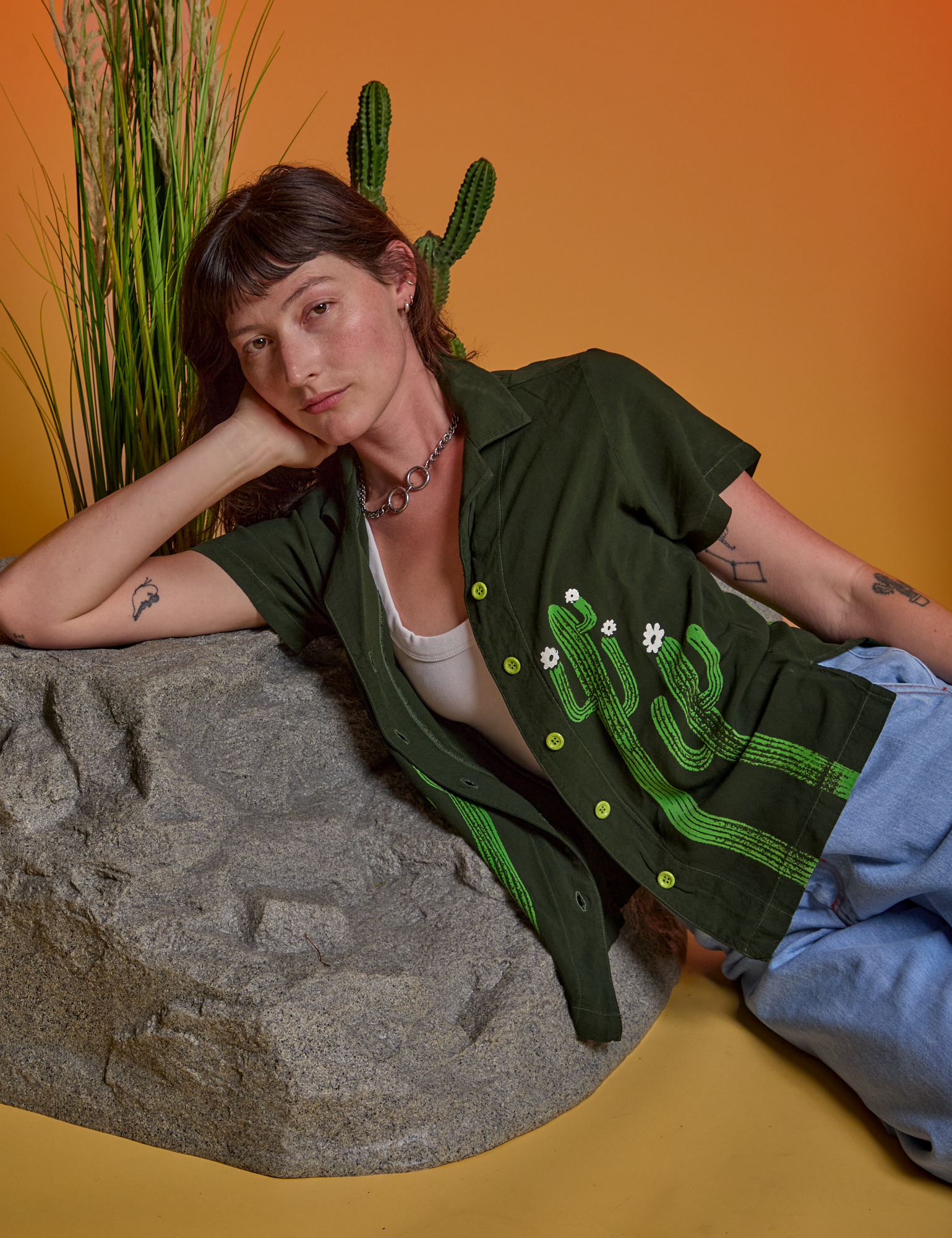 Paintstamped Pantry Button-Up in Cactus worn by Alex