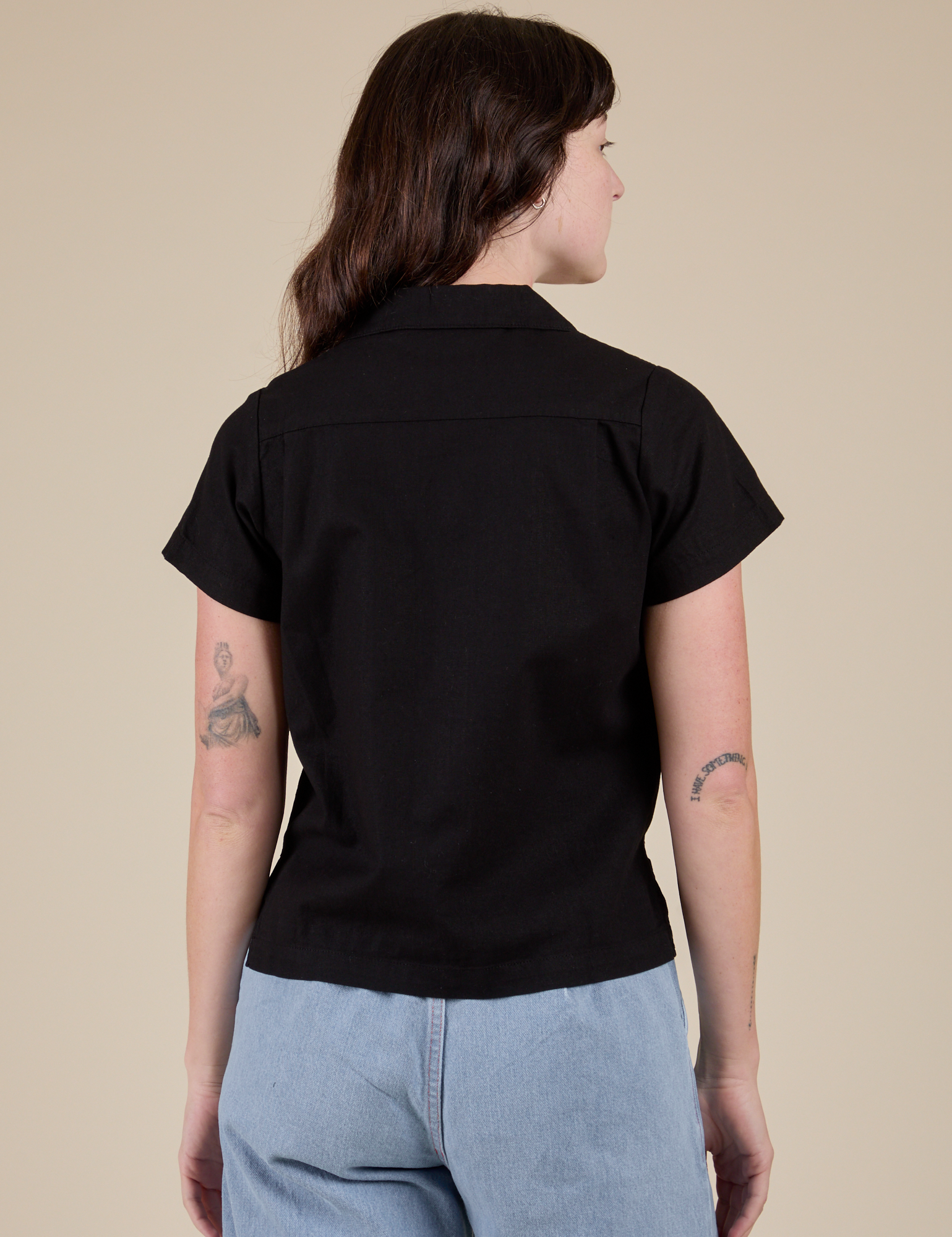 Pantry Button-Up in Basic Black back view on Alex