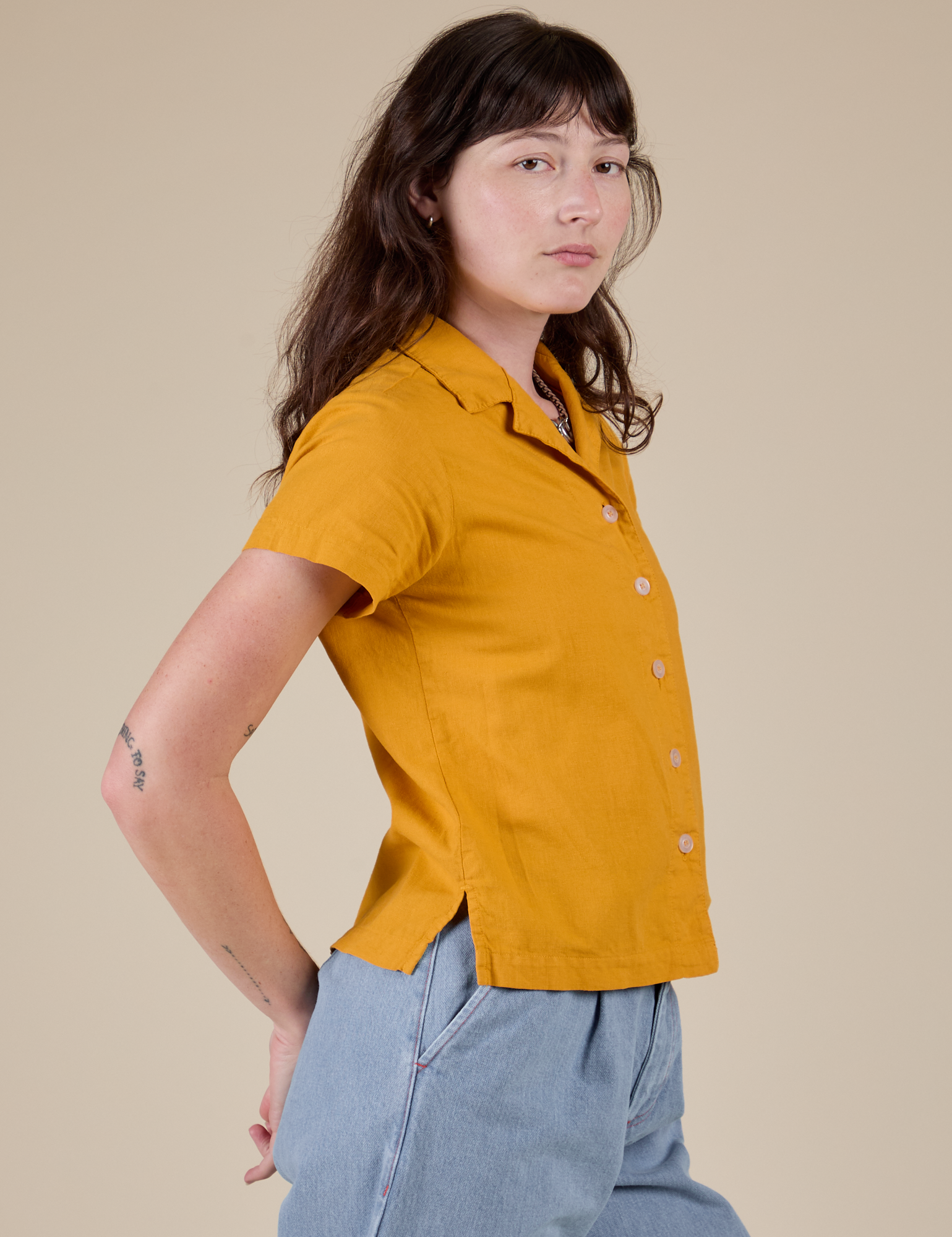 Pantry Button-Up in Mustard Yellow side view on Alex