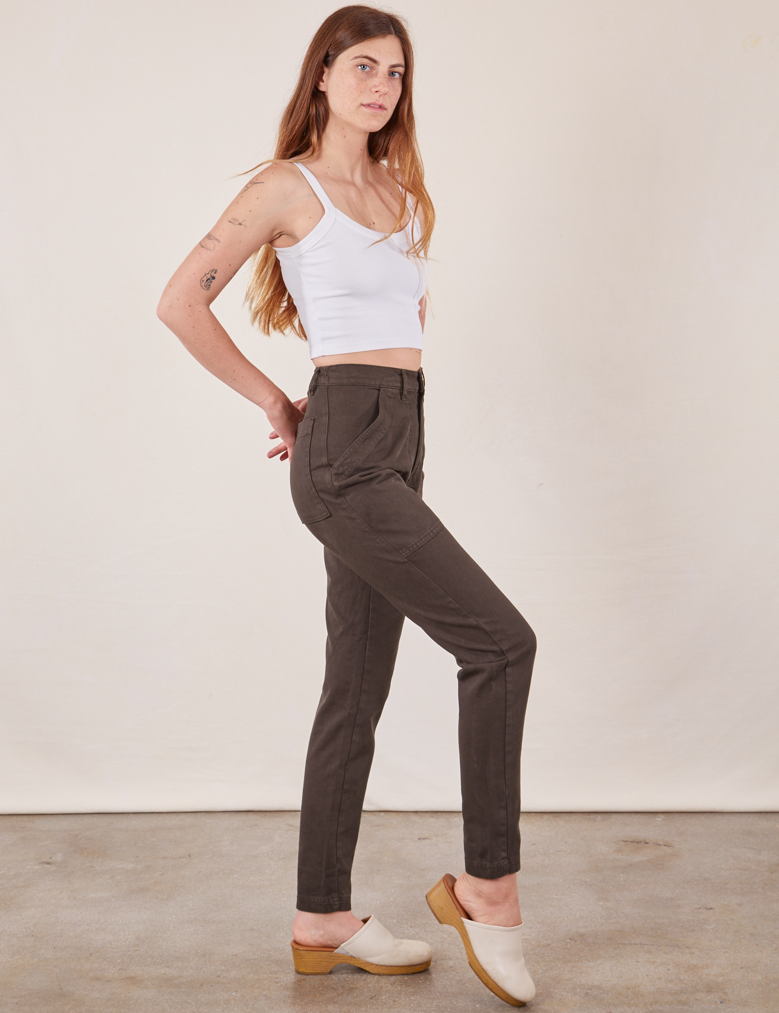 Side view of Pencil Pants in Espresso Brown and vintage off-white Cami on Scarlett