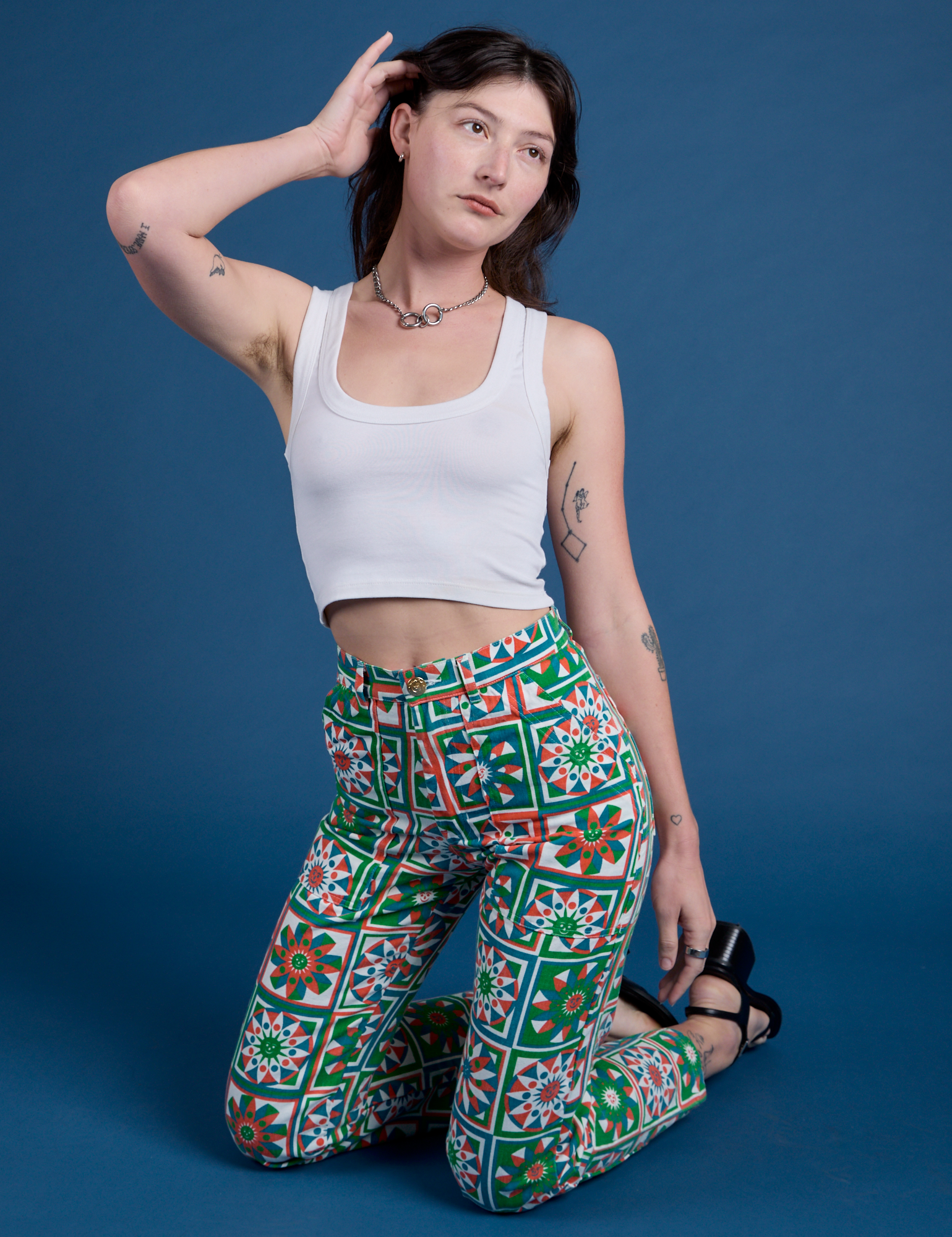 Alex is wearing Work Pants in Quilt Print and Cropped Tank in Vintage Tee White