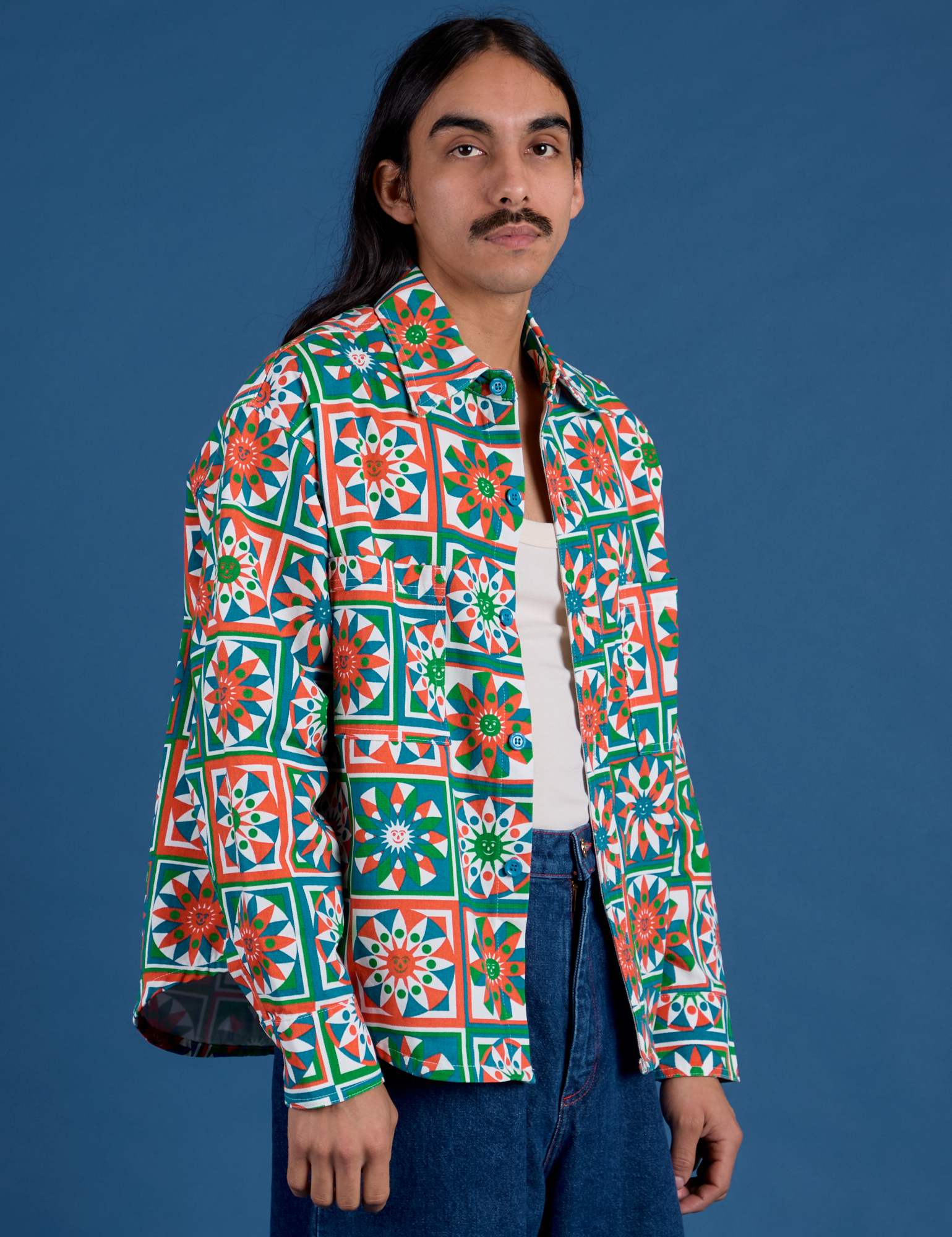 Angled front view of Cropped Overshirt in Quilt Print on Anthony
