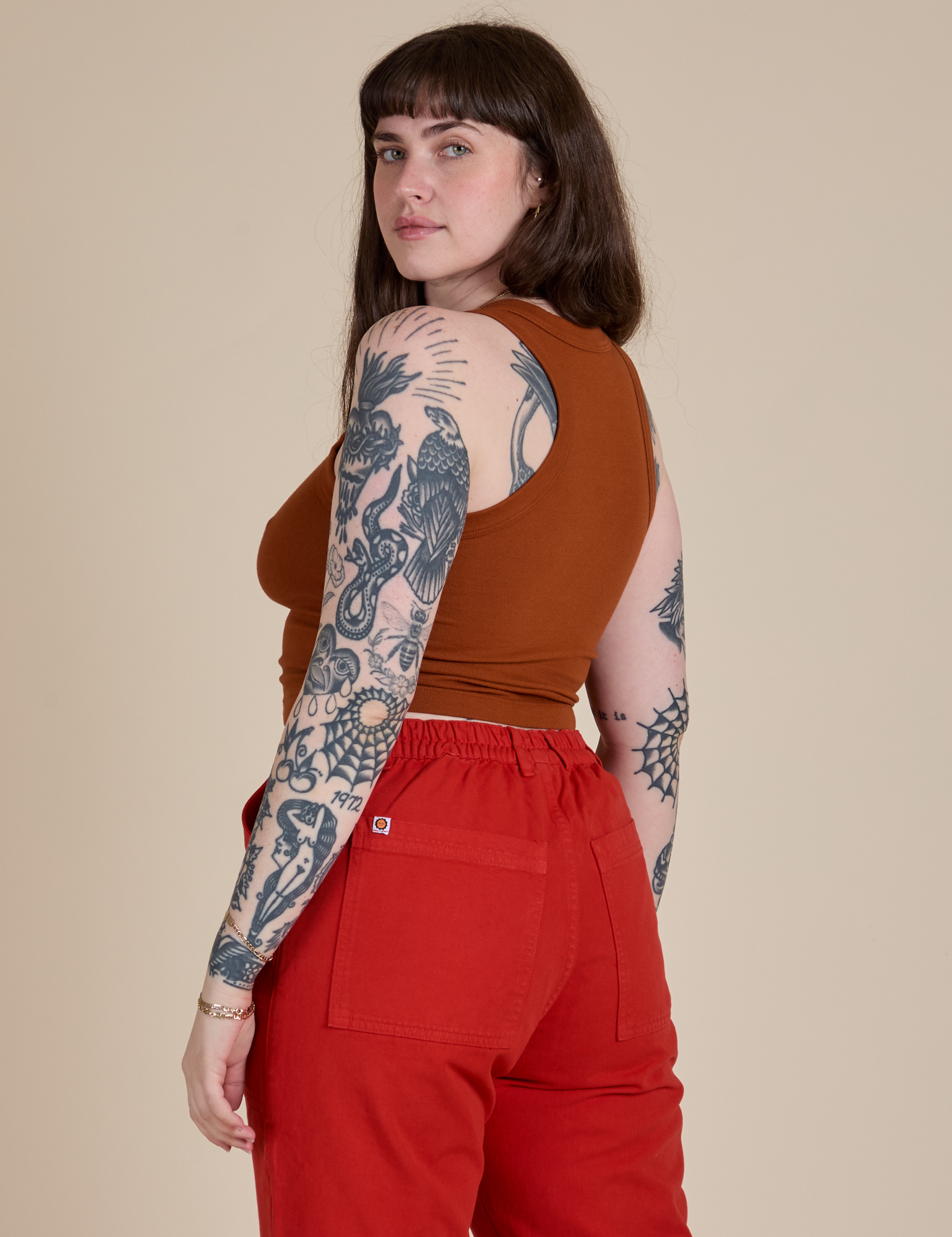 Racerback Tank in Burnt Terracotta angled back view on Sydney