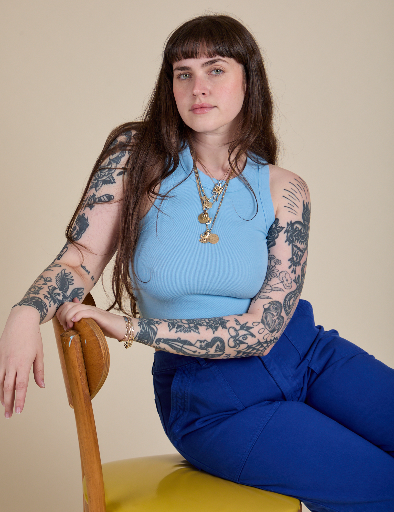 Racerback Tank in Baby Blue and royal blue Work Pants on Sydney