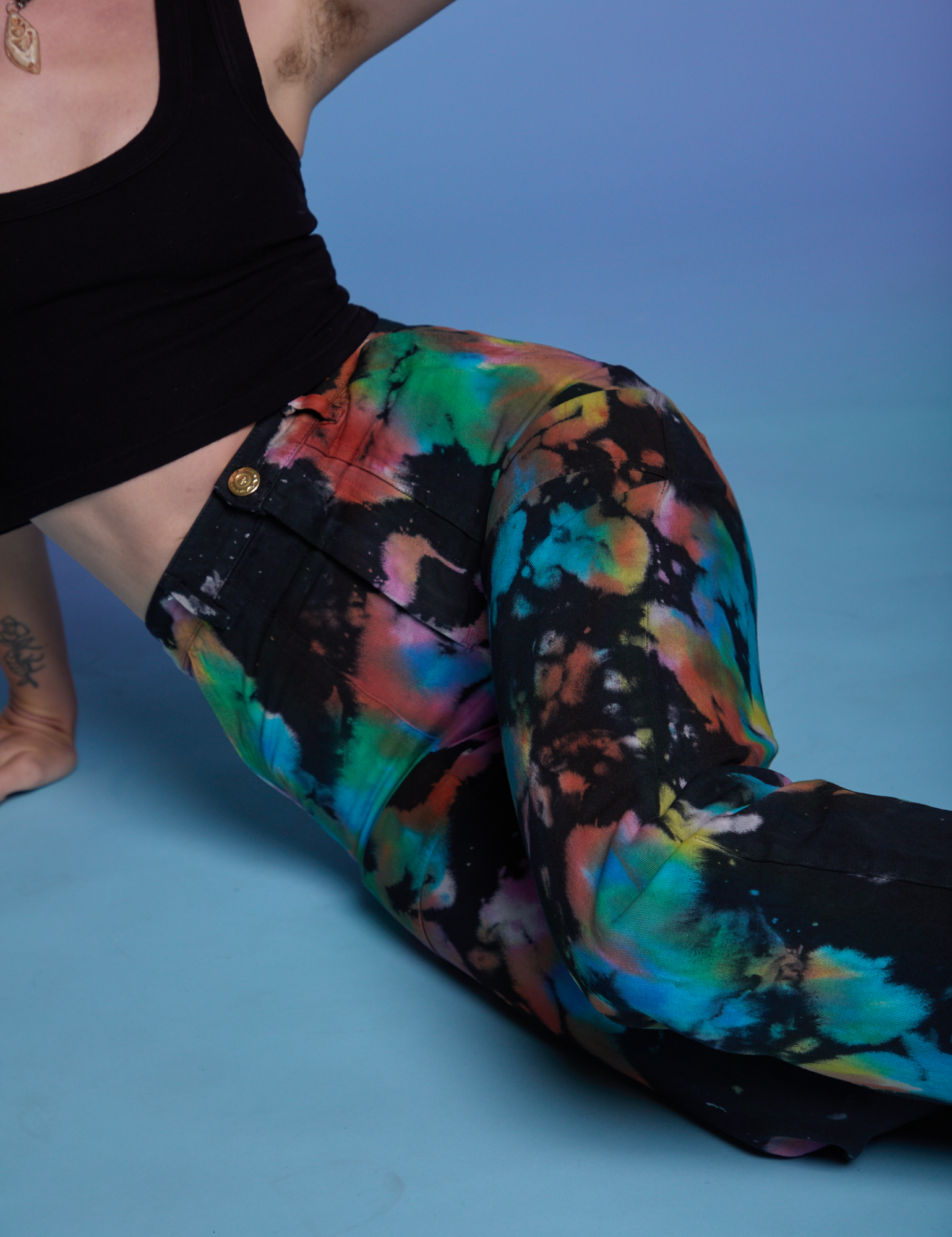 Work Pants in Rainbow Magic Waters pant close up on Alex