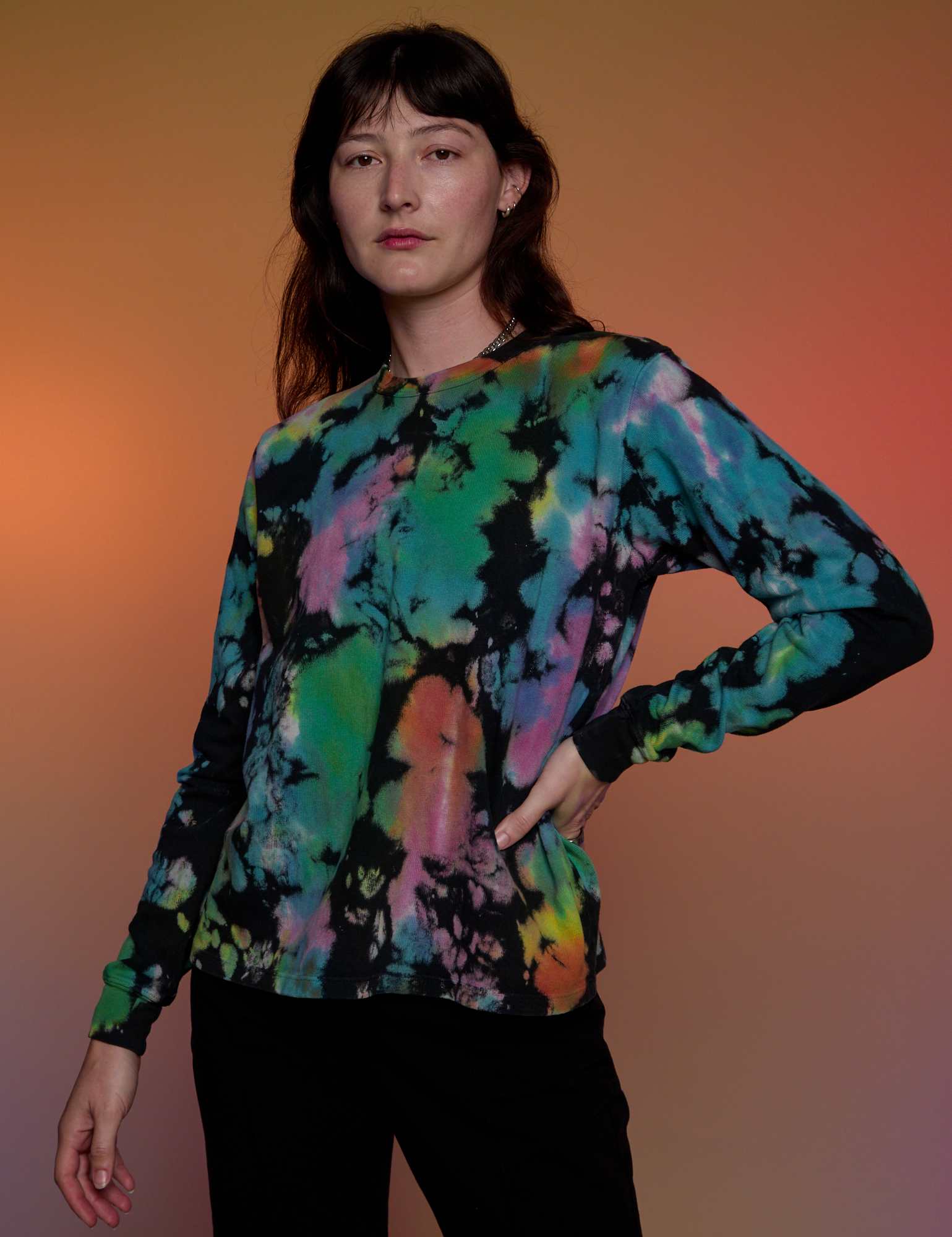 Magic Waters Long Sleeve Burly Tee in Rainbow worn by Alex