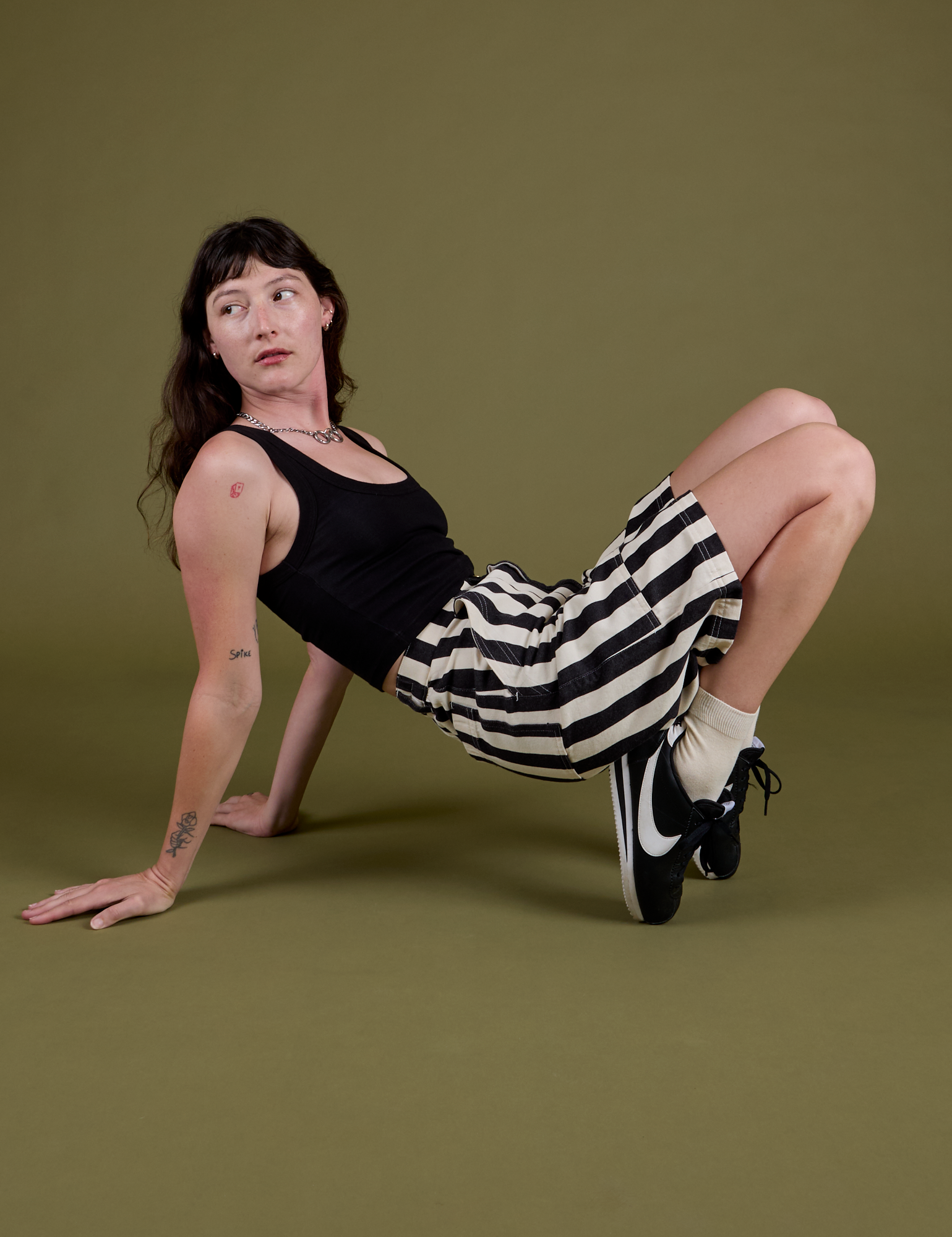 Longline Work Shorts in Natural and black Cropped Tank on Alex