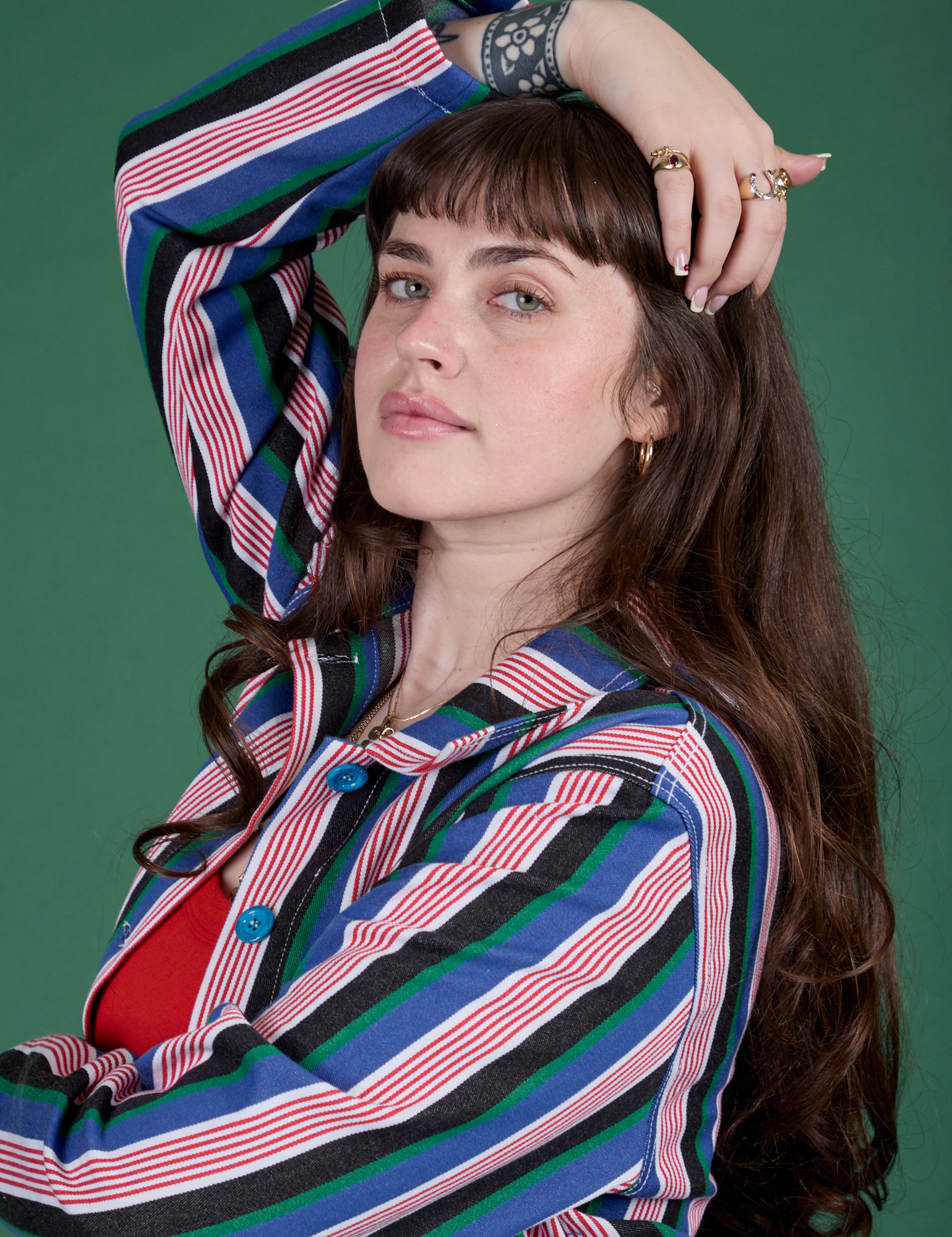 Side view close up of Stripe Work Jacket in Pacific Stripe on Sydney